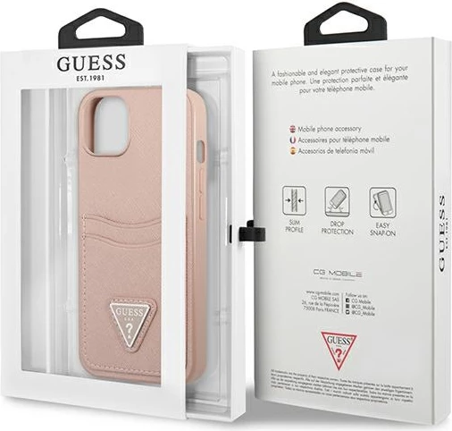 Mbështjellës Guess GUHCP13MPSATPP për iPhone 13, hardcase, Saffiano Triangle, me hapësirë për kartela, rozë