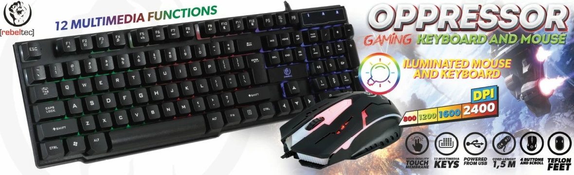 Set gaming tastierë dhe maus Rebeltec OPPRESSOR, me ndriçim, USB, e zezë/argjendtë