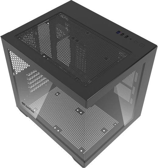 Kasë Darkflash C275P mini tower M-ATX/ITX, pamje 270° xham i temperuar, pa ventilatorë, e zezë