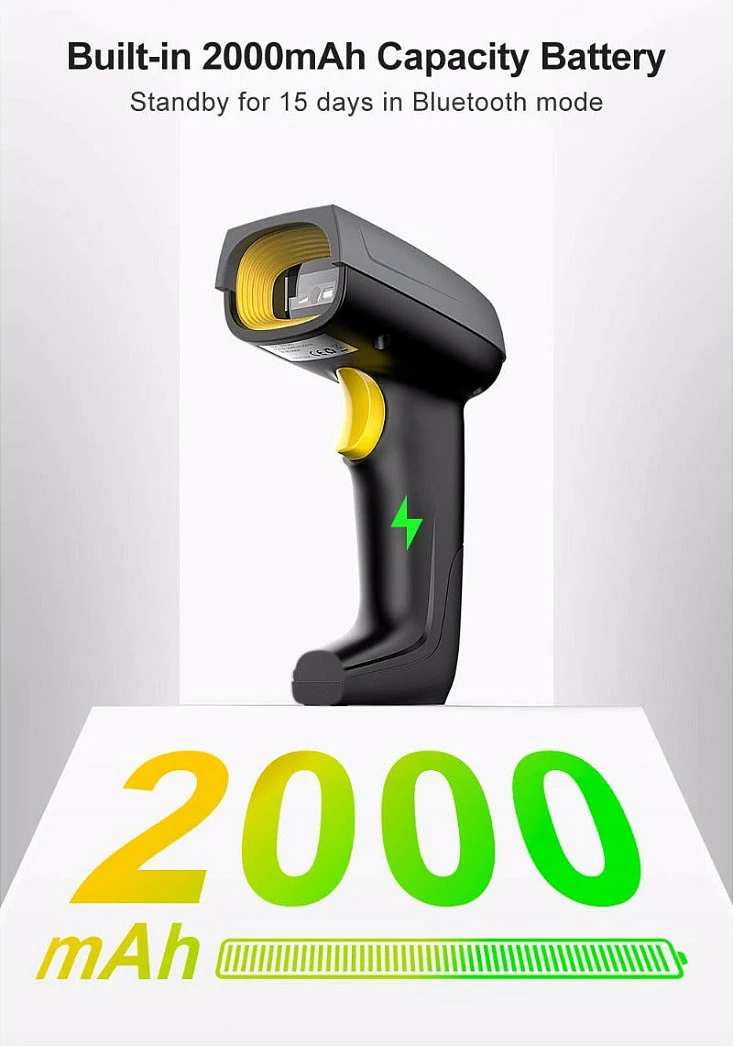 Skaner barkodi Inateck BCST-52, 1D/2D, Bluetooth/USB, me bazë karikimi, zi/hiri/verdhë