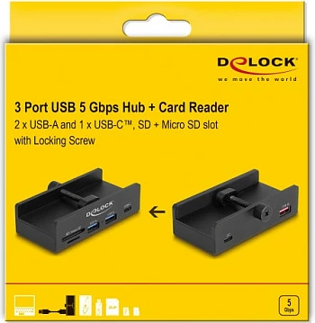 Hub USB DeLOCK 64263, USB 3.2 Gen 2, 2x USB-A + 1x USB-C, SD/microSD, 5 Gbit/s, i zi