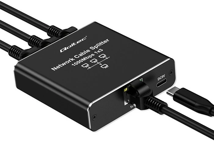 Switch i vogël Qoltec 52294, 3 porta RJ45, 1Gb/s, alumini, USB-C