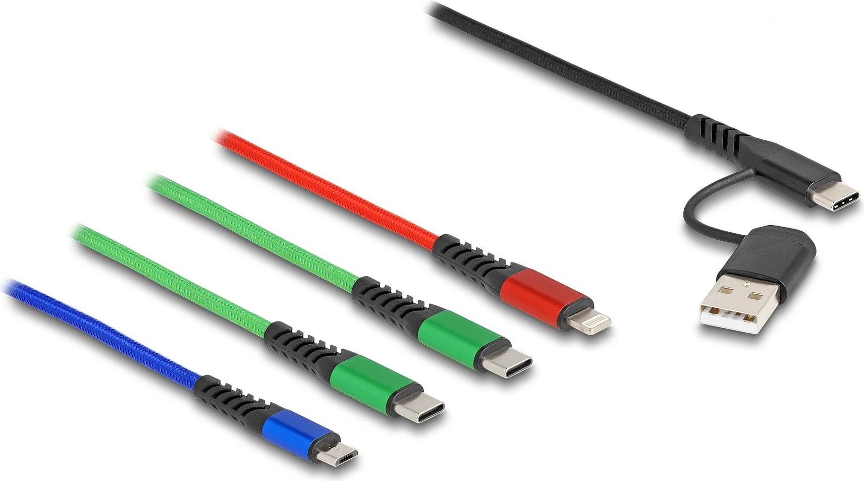 Kabllo karikimi DeLOCK 4-në-1, USB-A/USB-C në Lightning + Micro-USB + 2x USB-C, 1.2 m, 3A, zi/blu/jeshile/kuqe