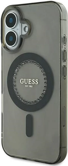 Mbështjellës Guess MagSafe për iPhone 16 Plus, i zi, me rhinestones