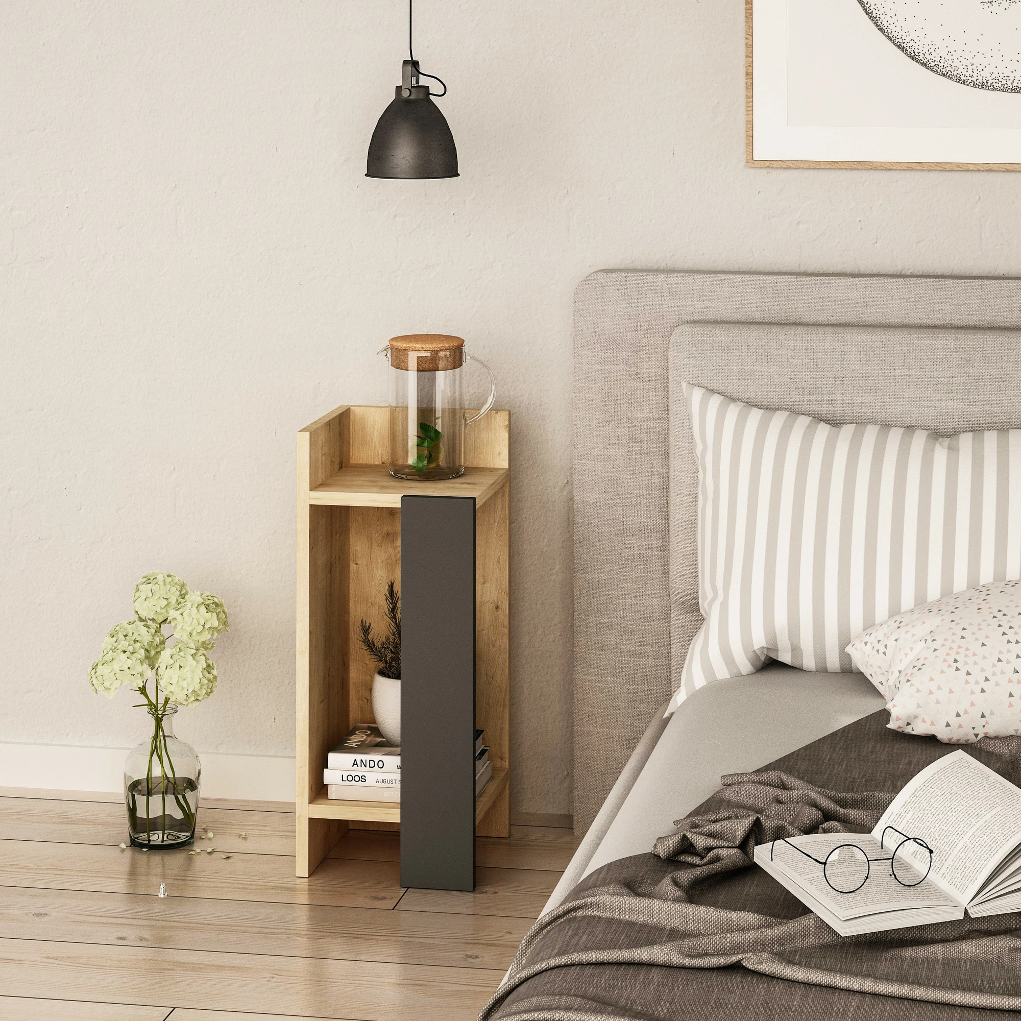 Komodinë anësore Elos, majtas, ngjyrë lis dhe antracit, Skye Decor