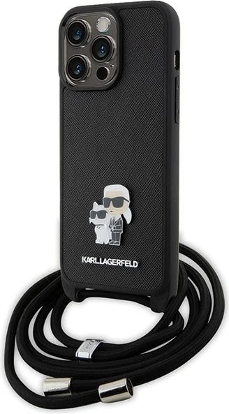 Mbështjellës Karl Lagerfeld Crossbody Saffiano Metal Pin Karl & Choupette për iPhone 15 Pro Max, i zi