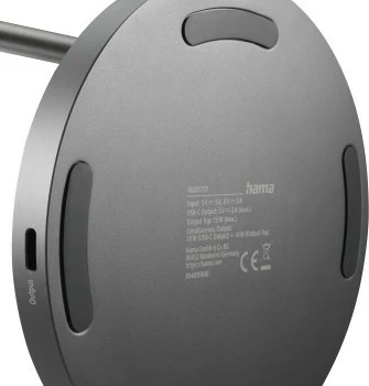Karikues pa tela me magnet tavoline, Hama 201737, Qi2 Fast Charge 15W, mbajtës i rregullueshëm 0–65° me rrotullim 360°, 2x USB-C, i zi
