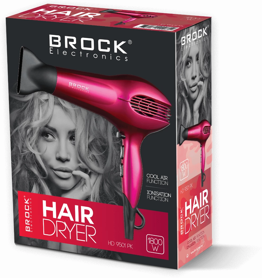 Tharëse flokësh Brock HD 9501 PK, 1800W, me jonizues, 2 nivele fuqie, 2 shpejtësi, ajër i ftohtë, rozë