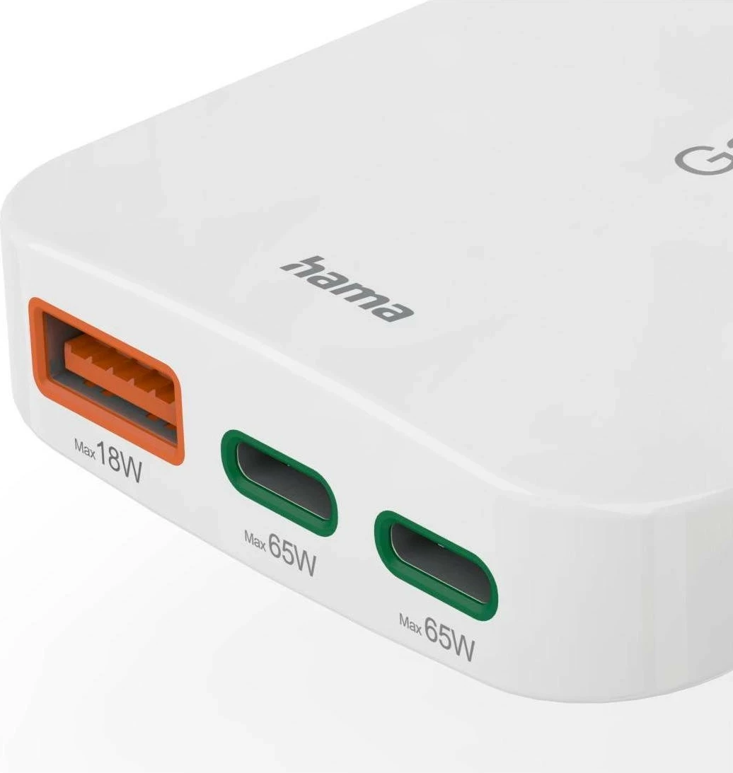 Karikues Hama 65W GaN, 2X USB-C, 1X USB-A, bardhë
