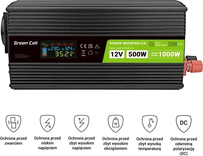 Invertor Green Cell PowerInverter LCD 12V 500W/10000W, valë e pastër, i zi