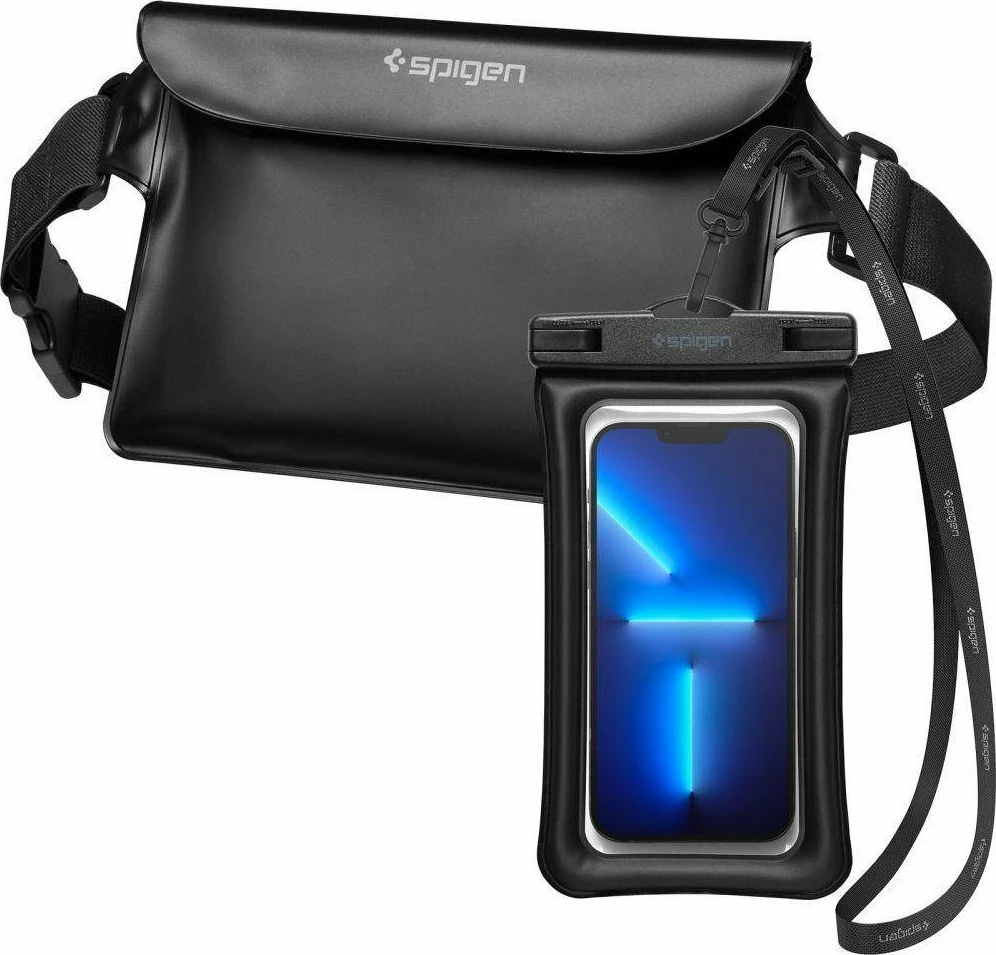 Set mbrojtës i papërshkueshëm nga uji Spigen A621 universal për celular + çantë beli, IPX8 30m, Zi