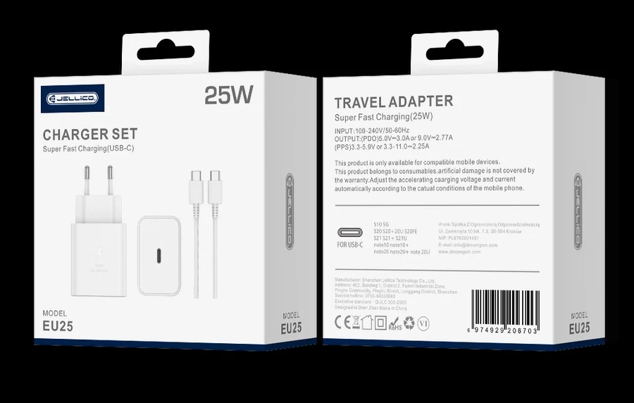 Karikues shtëpie Jellico EU25 25W USB-C PD/QC me kabllo USB-C–USB-C, bardhë (EU blister)