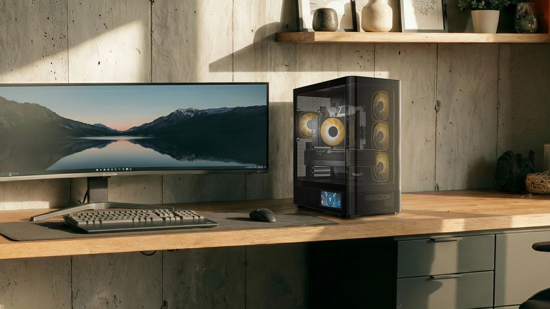Kasë Modecom Volcano AQ400 ARGB (MC-A-AQ400-4FA-B) Midi Tower ATX/mATX/ITX, ekran LCD, 4x120mm ARGB, USB-C, e zezë