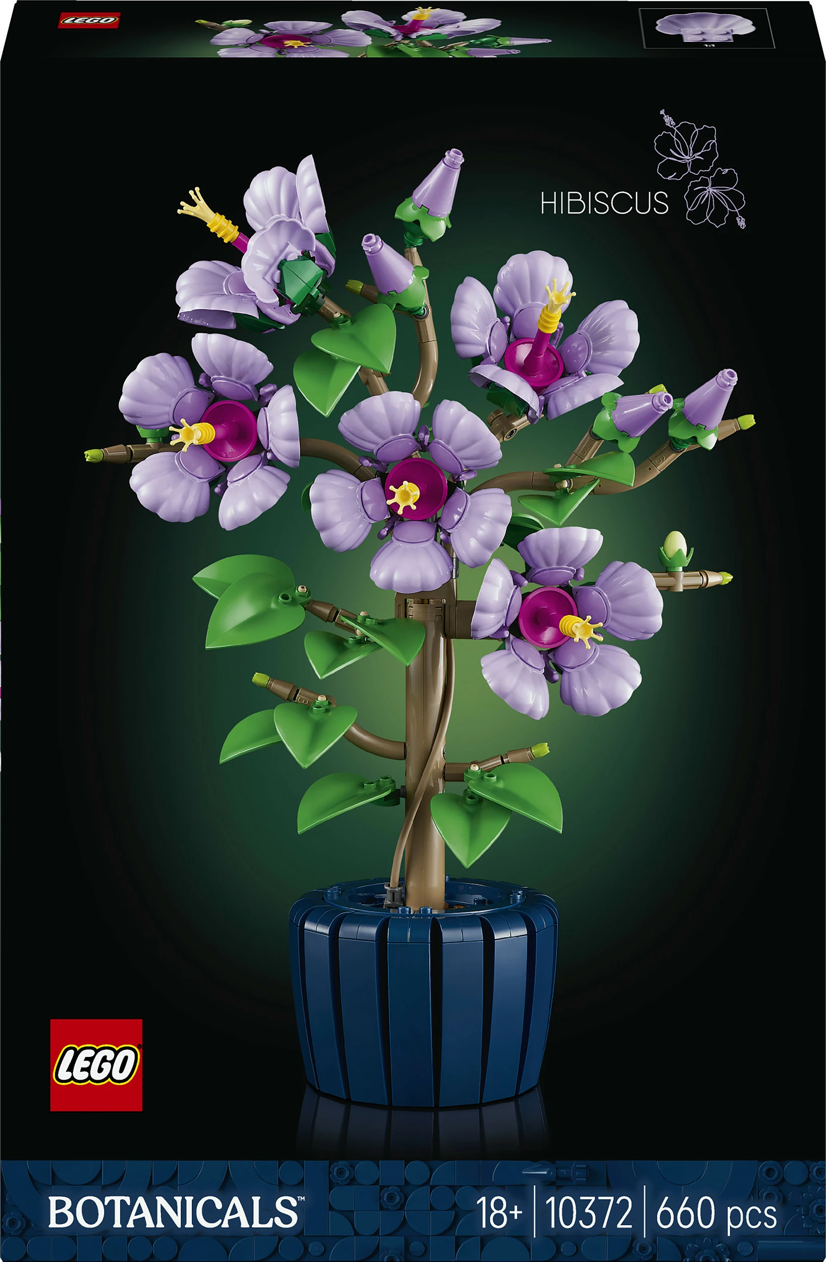 Set LEGO Icons 10372 Hibiskus, Botanicals, 660 copë, lule lejla me vazo blu