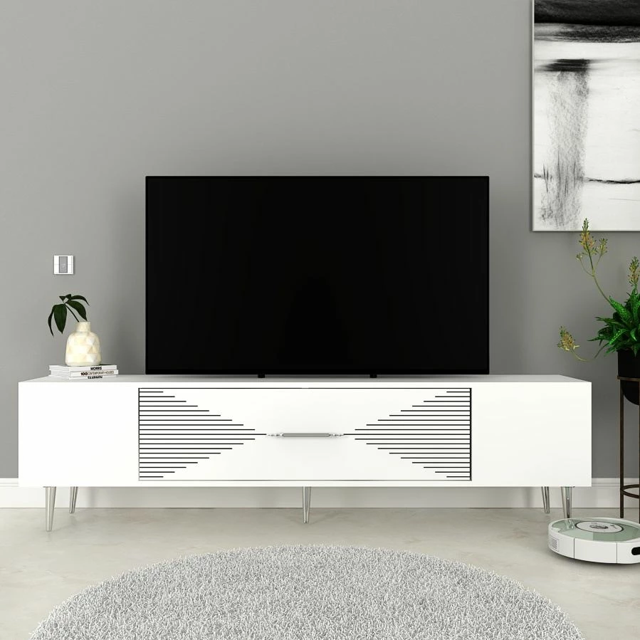 Komodë TV Skye Decor, e bardhë, argjend