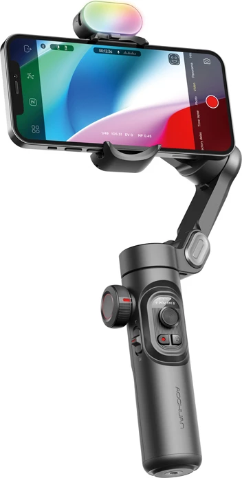 Gimbal për celular AOCHUAN Smart XE, stabilizim 3-aks, modul RGB 7-ngjyra, deri 250 g, set me tripod, i zi