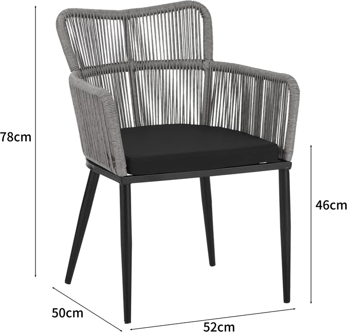 Karrige Naoki Pakoworld pe rattan -metal, përfundim natyral, këmbë/jastëk të zi, 59x62.5x78cm