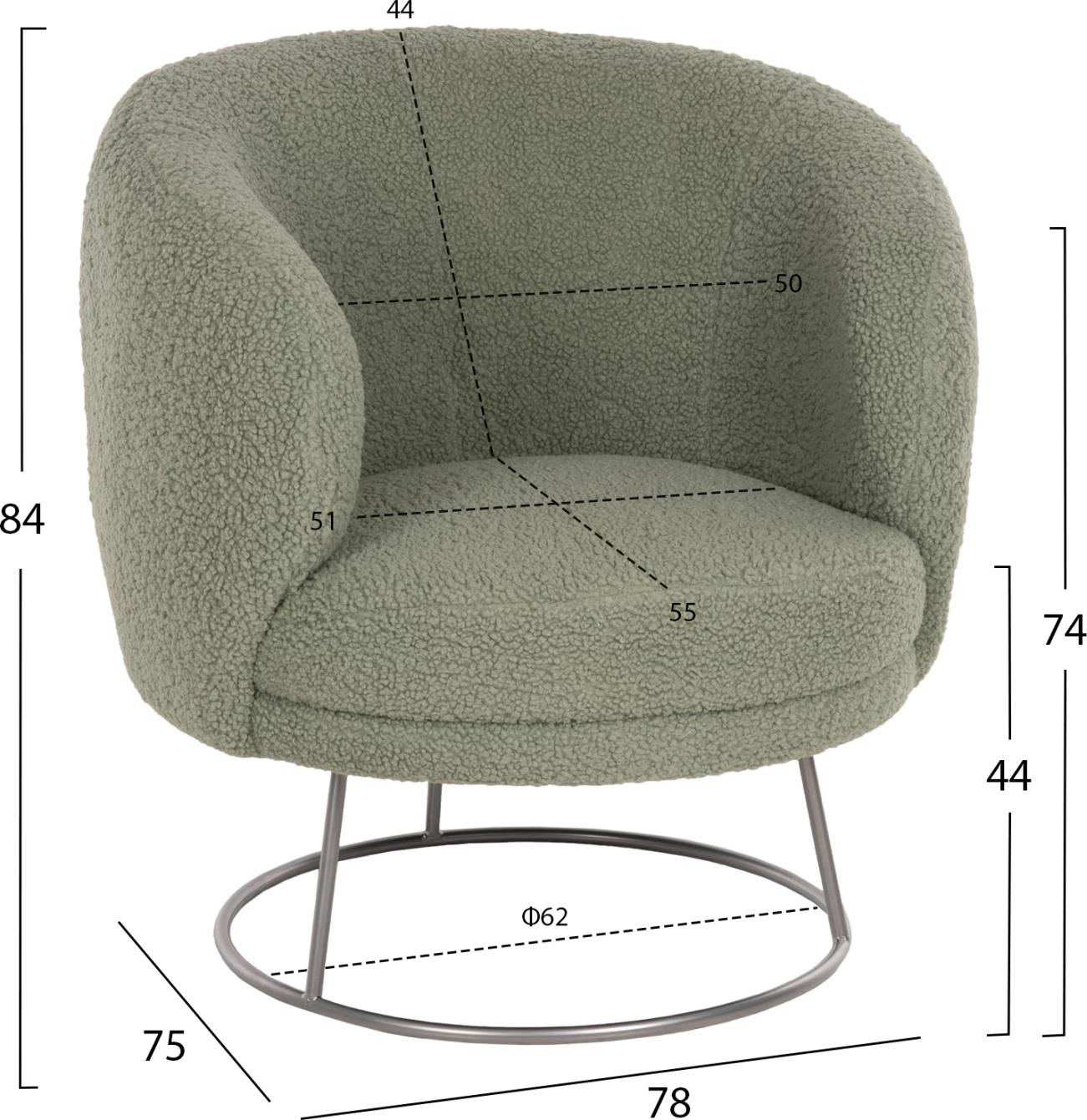 Karrige me krahë ARIEN FH8403.27, pëlhurë boucle, ngjyrë fistik, bazë metalike argjendi, 78x75x84H cm