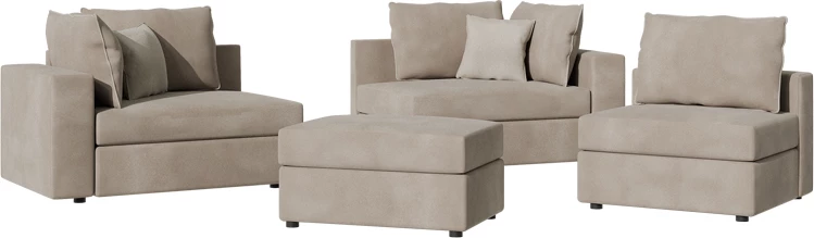 Divan polymorfik i kthyeshëm London, pëlhurë gri-bezhë, jastëkë gri të lehtë, 296x246x95 cm