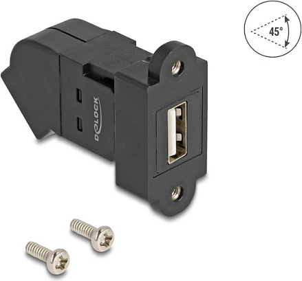 Adapter paneli USB 2.0 DeLOCK, USB-A femër në USB-A femër, 45°, i zi