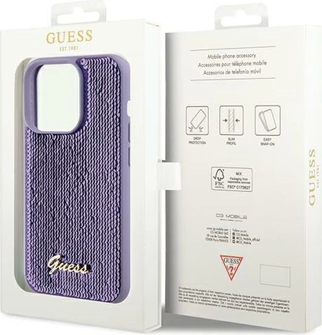Mbështjellës Guess Sequin Script Metal për iPhone 13 Pro Max, vjollcë