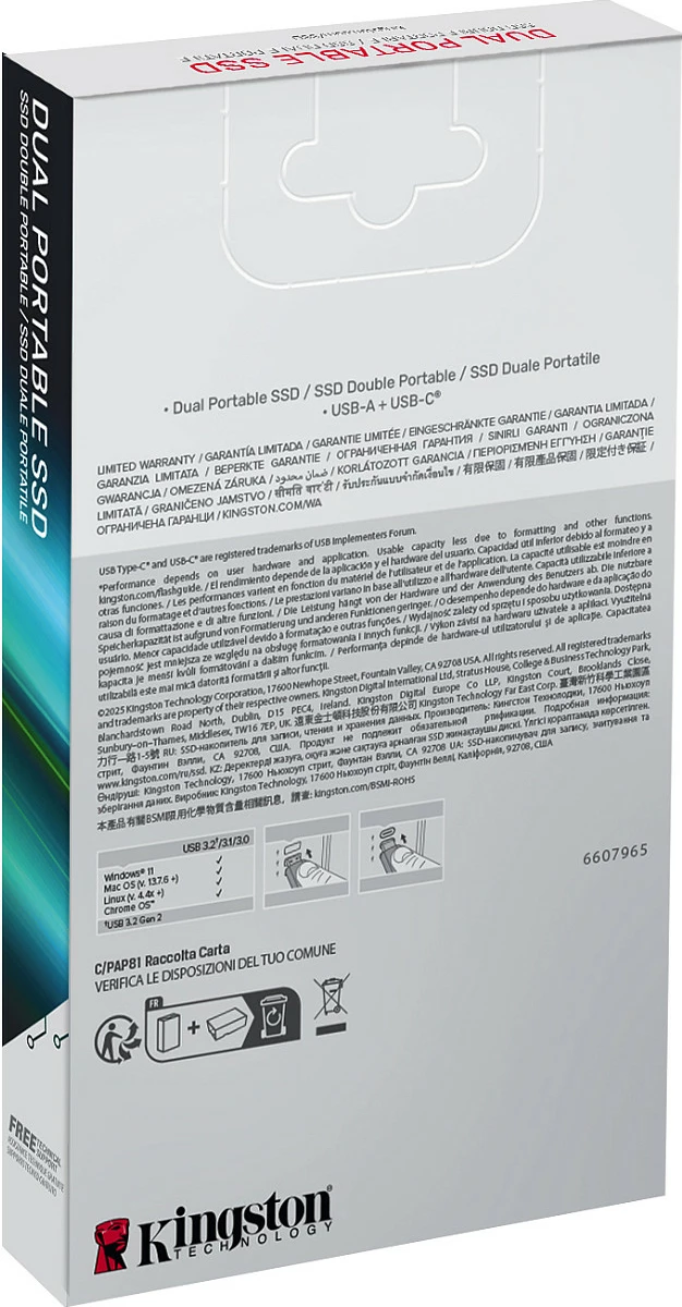SSD portable Kingston Dual Portable SSD 2TB, USB-A/USB-C, USB 3.2 Gen 2, 1050MB/s, zi/kuq