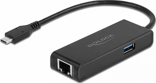 Adapter USB-C DeLOCK në LAN 2.5 Gigabit me portë USB-A, USB 3.2 Gen 1, i zi