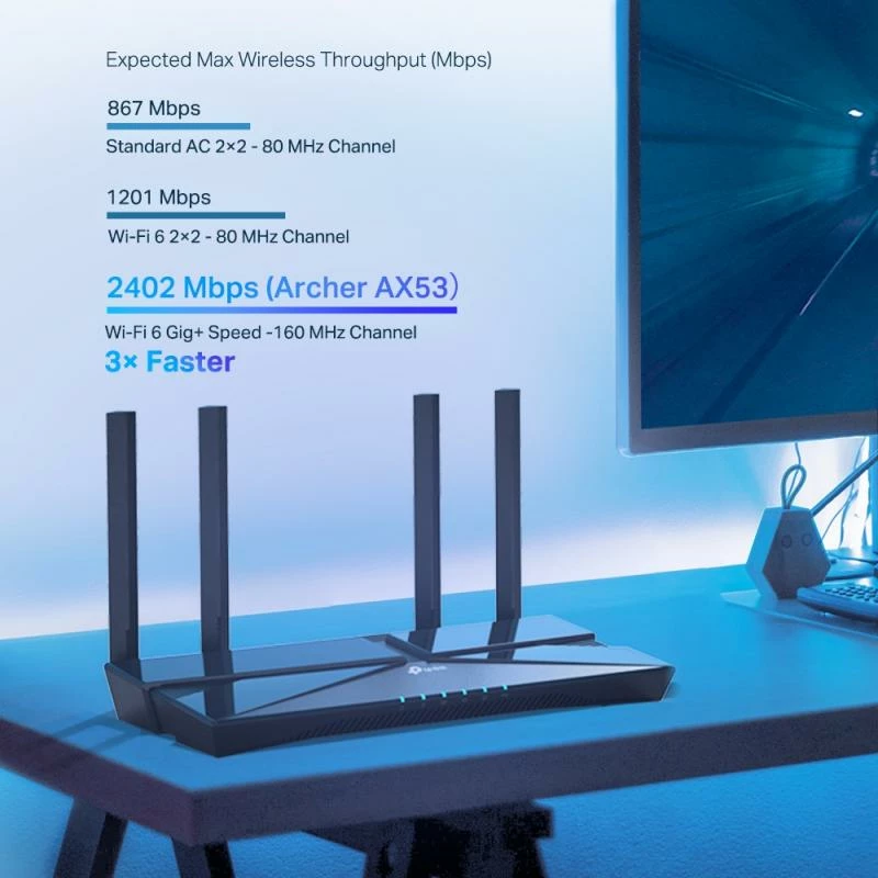 Ruter Wi‑Fi 6, TP-Link Archer AX53, AX3000 gigabit, 4 antena, OneMesh, HomeShield
