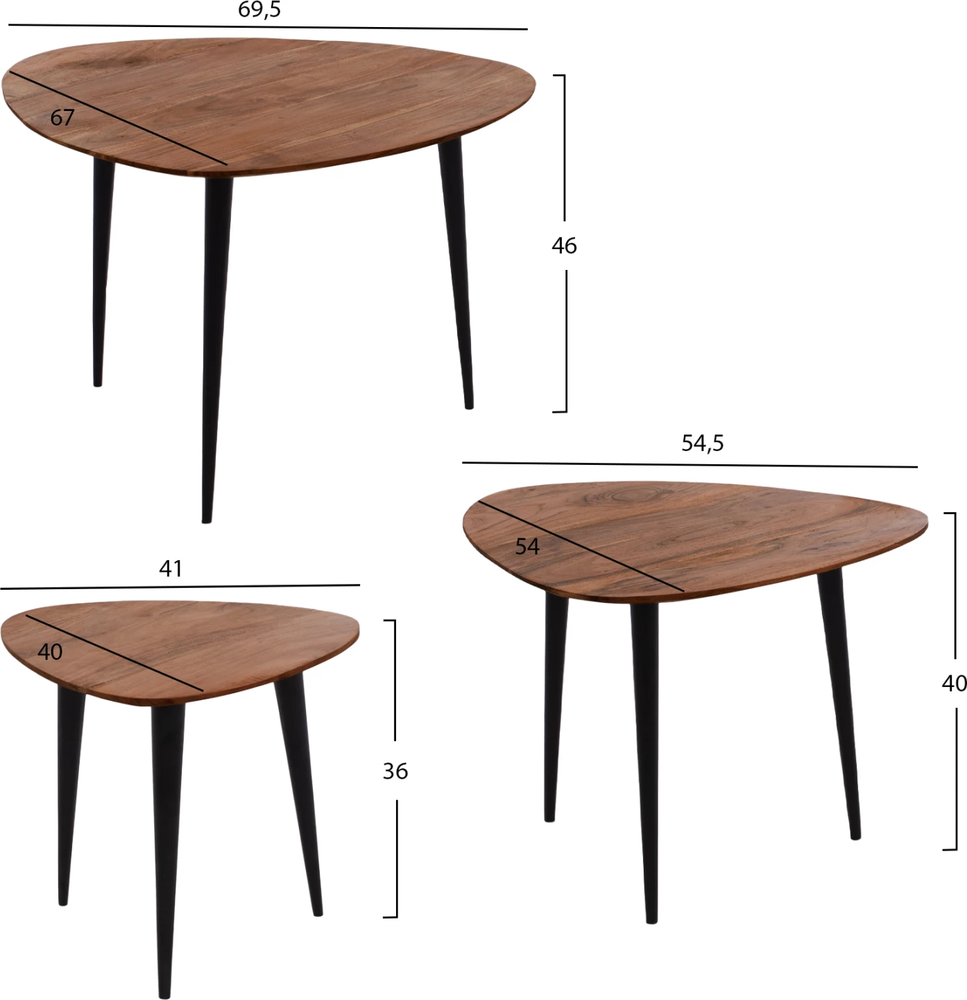 Set 3 tavolina zigon EMILIANO, dru akacie, këmbë metalike të zeza, FH9256, 69.5x67x46cm