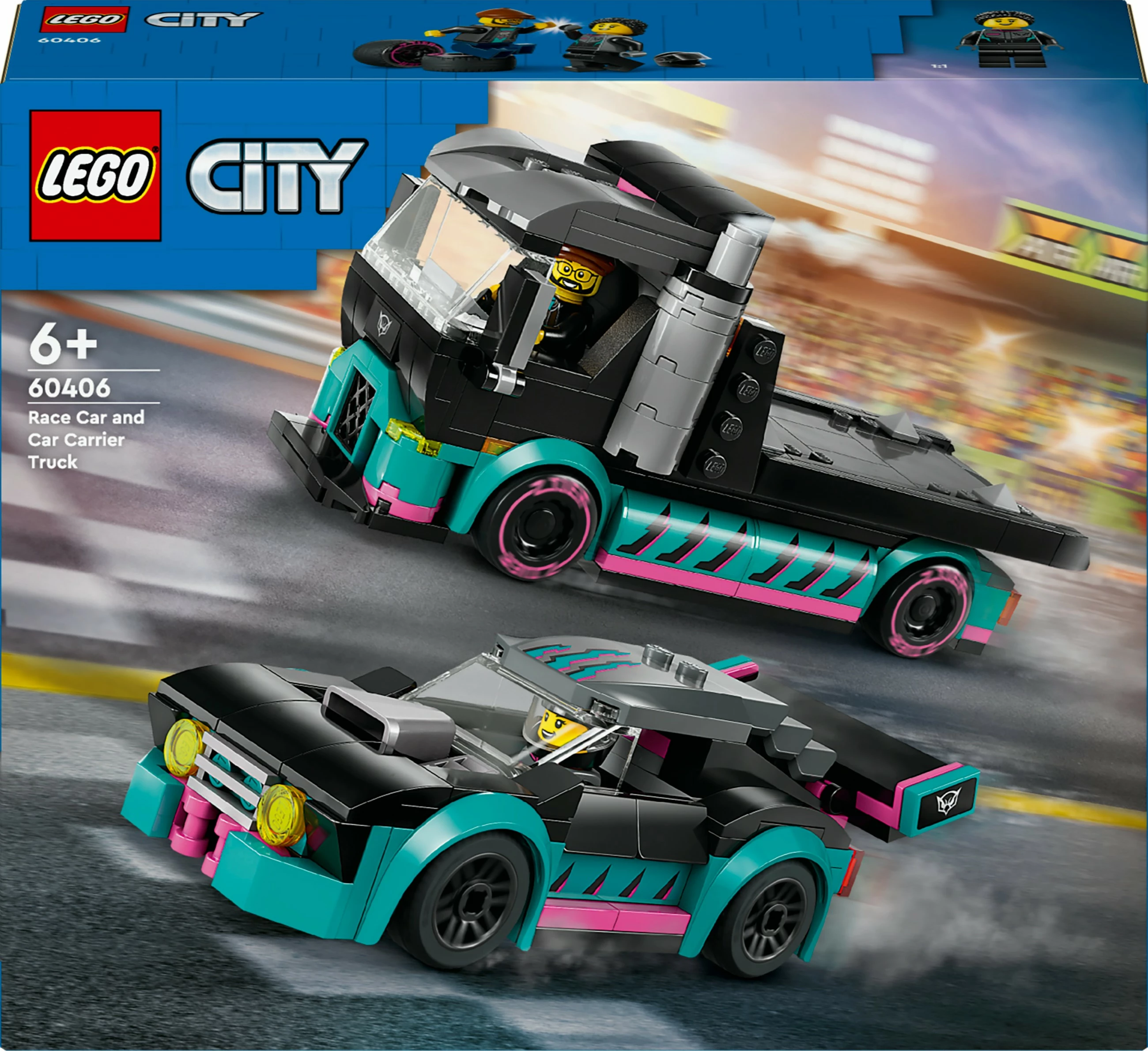 Set ndërtimi LEGO City 60406, autotransporter me makinë gare, 328 pjesë, shumëngjyrësh