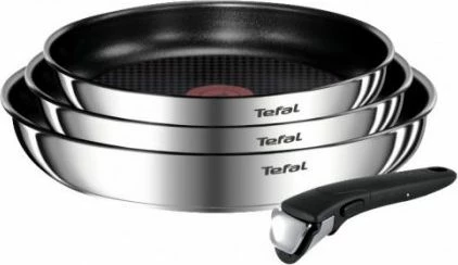 Set tiganësh Tefal Ingenio Emotion+ L9484S55 22/24/28 cm, dorezë e çmontueshme, veshje titan, set 3 copë, argjendtë