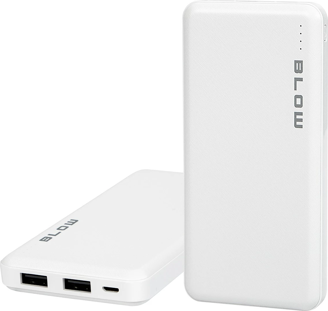 Power bank, BLOW, PB10A, 10000 mAh 2x USB (1A+2.1A) micro-USB hyrje, LED tregues, White, me kabllo micro USB