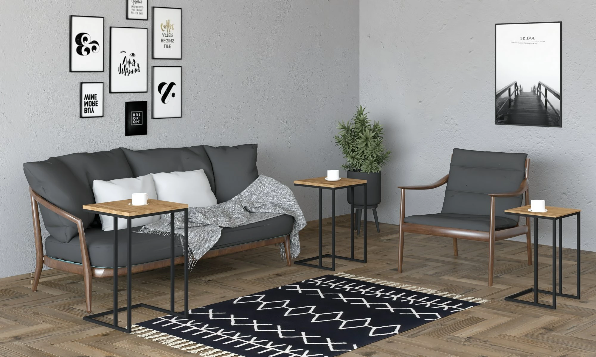 Set tavolinash ndihmëse Hanah Home, 3 copë, ngjyrë e zezë dhe oud