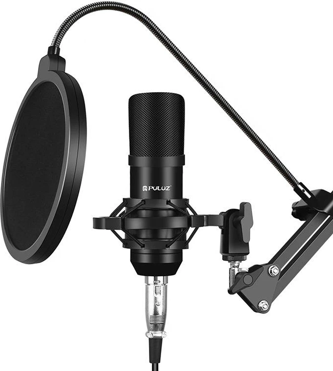 Mikrofon kondensator Puluz PU612B për studio, me filtër POP, i zi, set me aksesorë