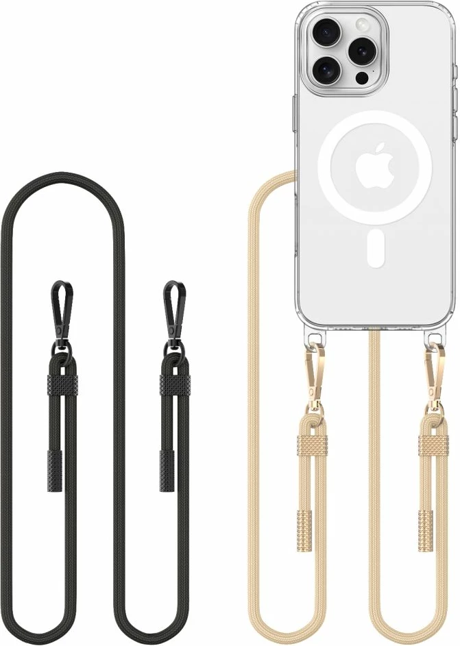 Mbështjellës Tech-Protect FlexAir Chain MagSafe për iPhone 16 Pro Max, Transparent + 2 rripa (zi dhe bezhë)