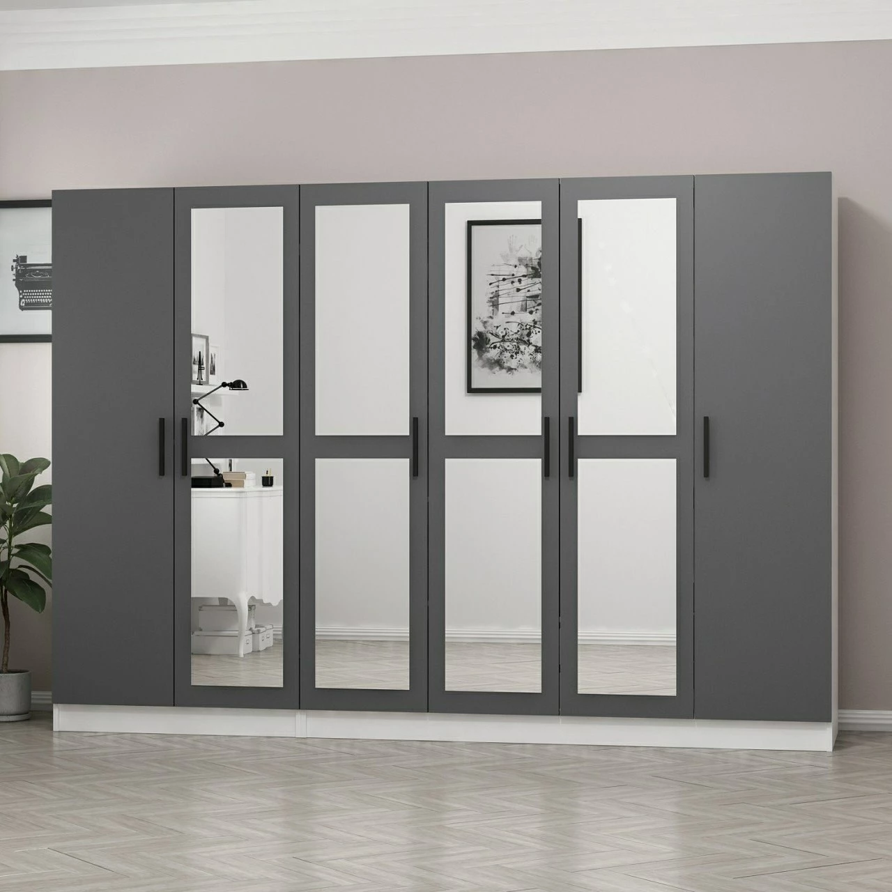 Dollap i madh me pasqyra, ngjyrë antracit, Skye Decor, 270x210x52cm