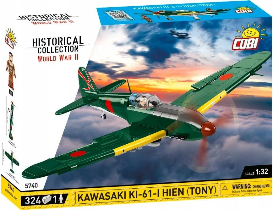 Set kockash ndërtimi Cobi Historical Collection WWII Kawasaki KI-61-I Hien (Tony) 5740, 324 pjesë, shkallë 1:32, me figurë piloti dhe bazë ekspozimi