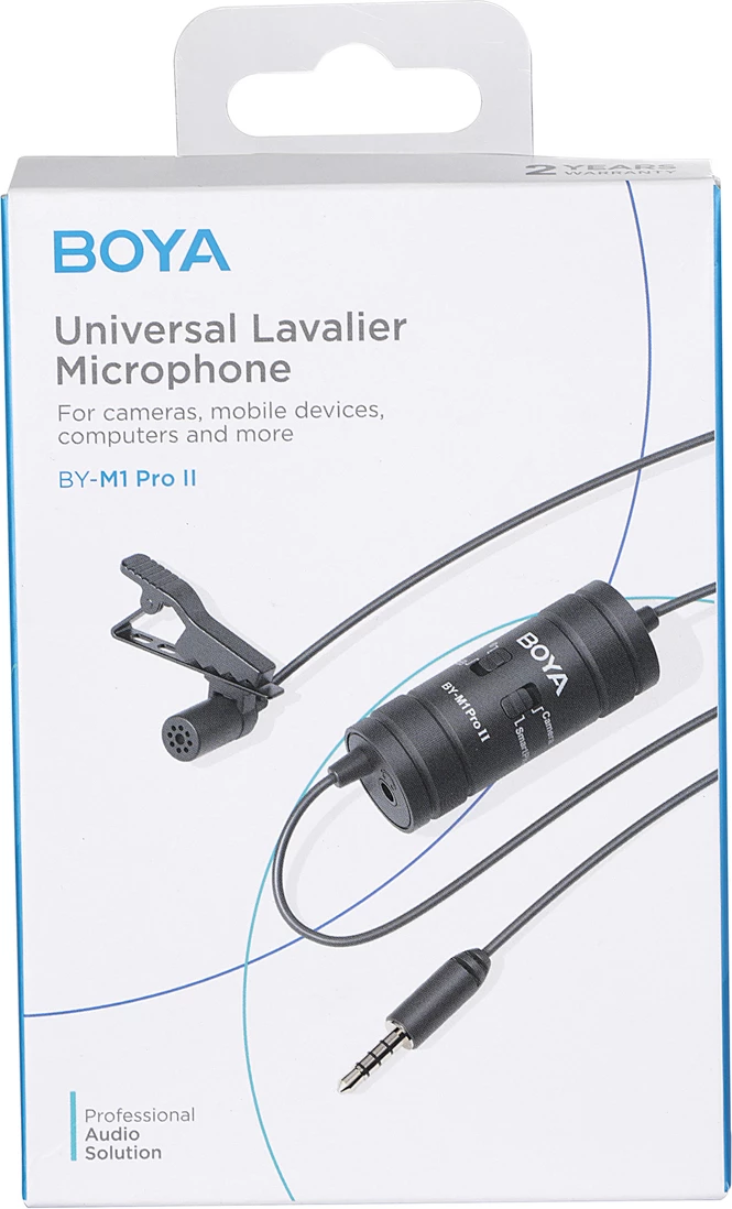 Mikrofon lavalier i lidhur BOYA BY-M1 Pro II, 3.5mm TRRS, kabllo 6 m, me monitorim, i zi, set me klip dhe mbrojtës ere