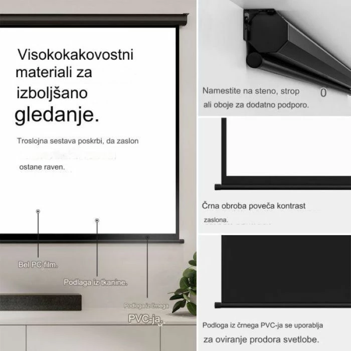 ekran projekcioni VONHAUS 90\" MPN 3005050, 16:9, pull-down me vetë-bllokim, montim mur/tavan, kornizë e zezë