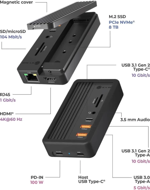 Docking station ICYBOX IB-DK4072M-CU31 10-në-1 me slot NVMe M.2, PD 100W, 4K HDMI, e zezë