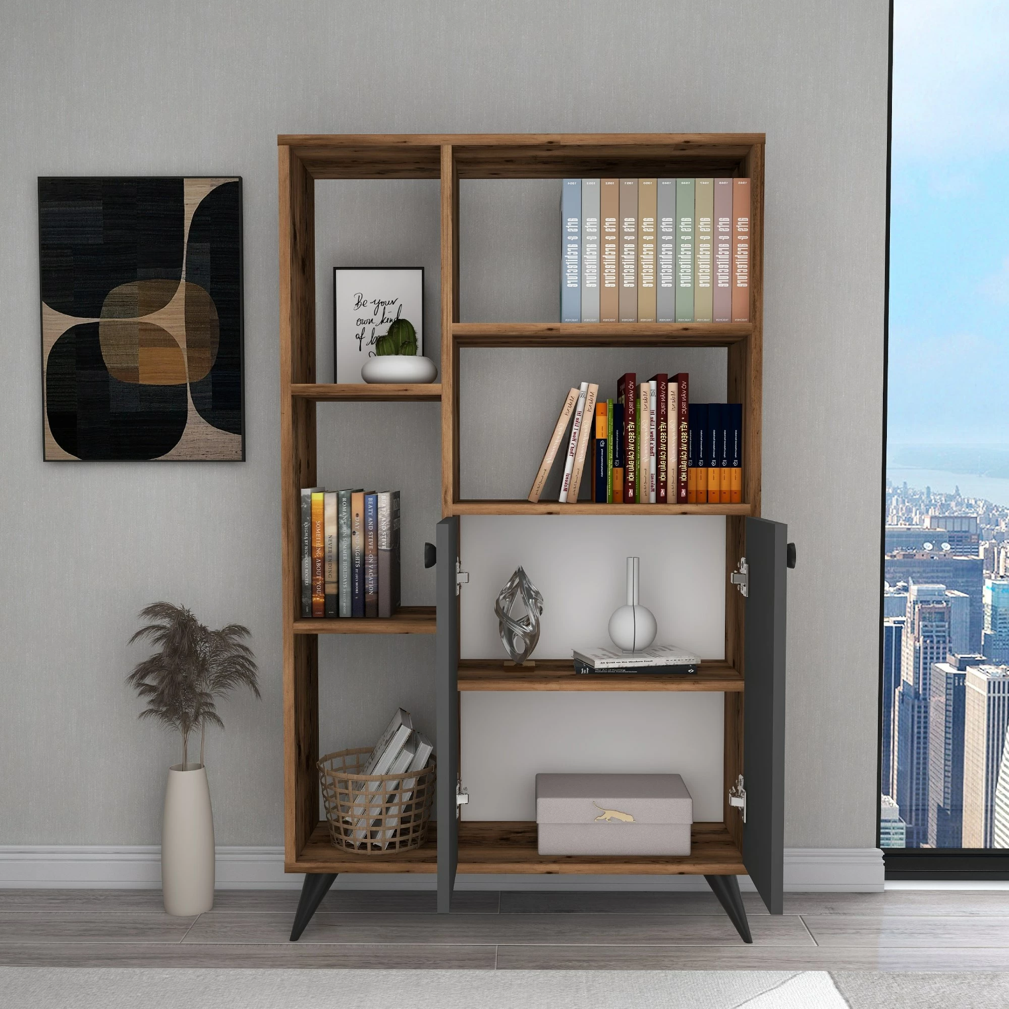 Raft librash Hanah Home, Meldan, ngjyrë arrë e çelët, antracit