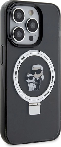 Mbështjellës Karl Lagerfeld KLHMP15LHMRSKCK për iPhone 15 Pro 6.1", me unazë Ring Stand Karl&Choupette, MagSafe, zi