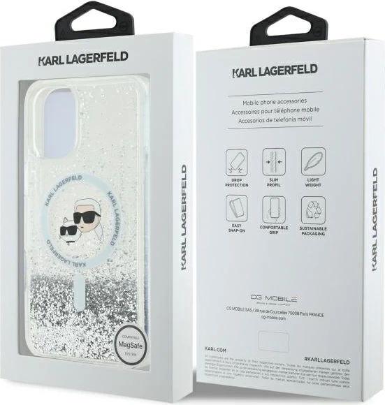 Mbështjellës Karl Lagerfeld Liquid Glitter Karl&Choupette Head MagSafe për iPhone 16, Transparent