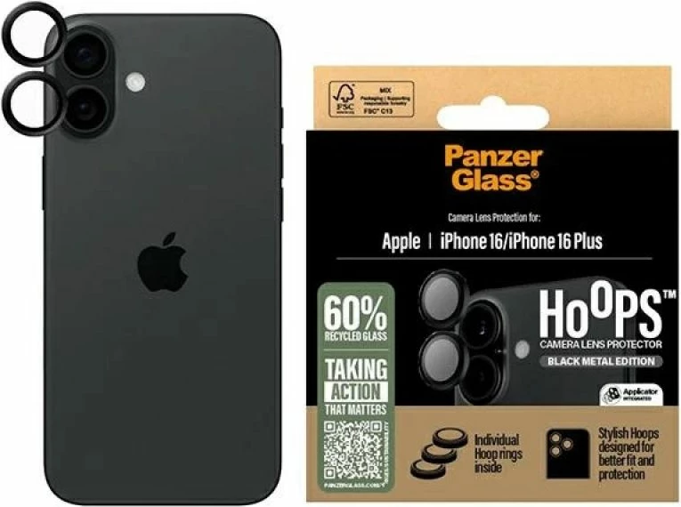 Mbrojtës lentash PanzerGlass Hoops për iPhone 16/16 Plus, i zi