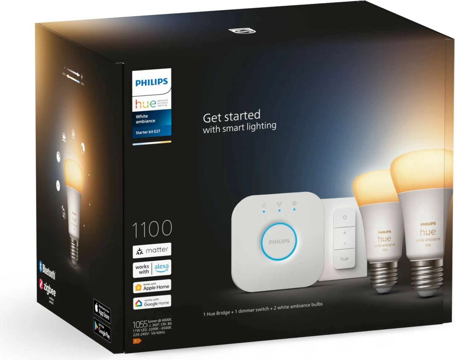 Kit ndriçimi i mençur Philips Hue White ambience, 2 llamba E27 (1100) + switch dimmer, Bluetooth/Zigbee, LED, E27, A60, Bardhë