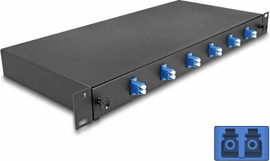 Kuti splice për fibër optike DeLOCK 19″ 1U, 6x LC Duplex OS2, metal, 482x220 mm, e zezë