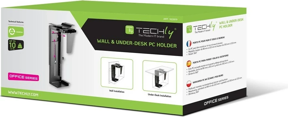 Mbajtës CPU TECHly ICA-CS 66, nën tavolinë, Metal, i Zi