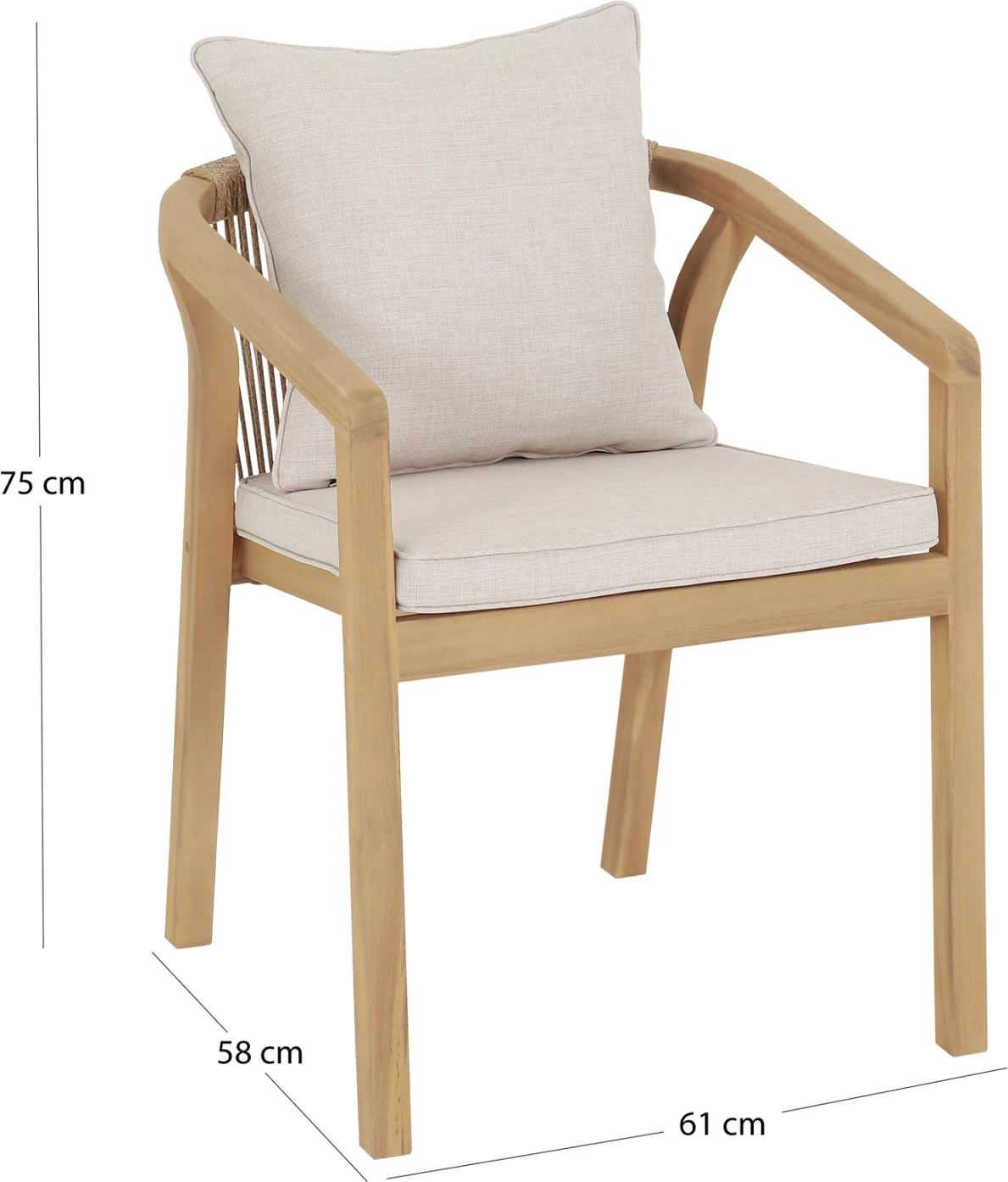 Karrige për drekë jashtë CONTREL FH6244.01, dru akacie, litar natyral, jastëkë bezhë, 61x58x75cm, set prej 2 copash