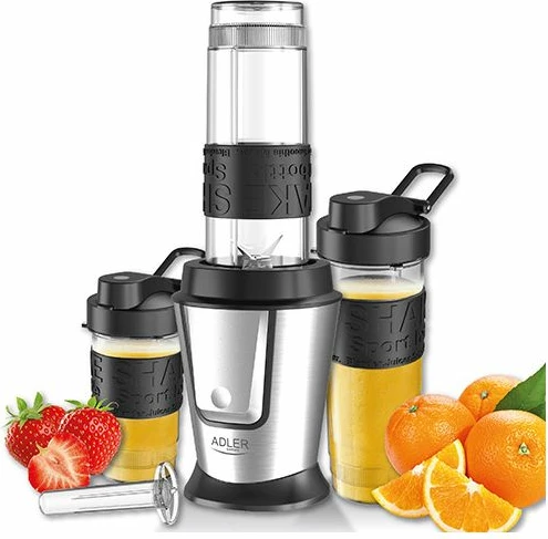 blender sportiv ADLER AD 4081, 570 ml + 400 ml, Tritan BPA-free, 4 tehe inox, argjend/zezë, set 2 shishe