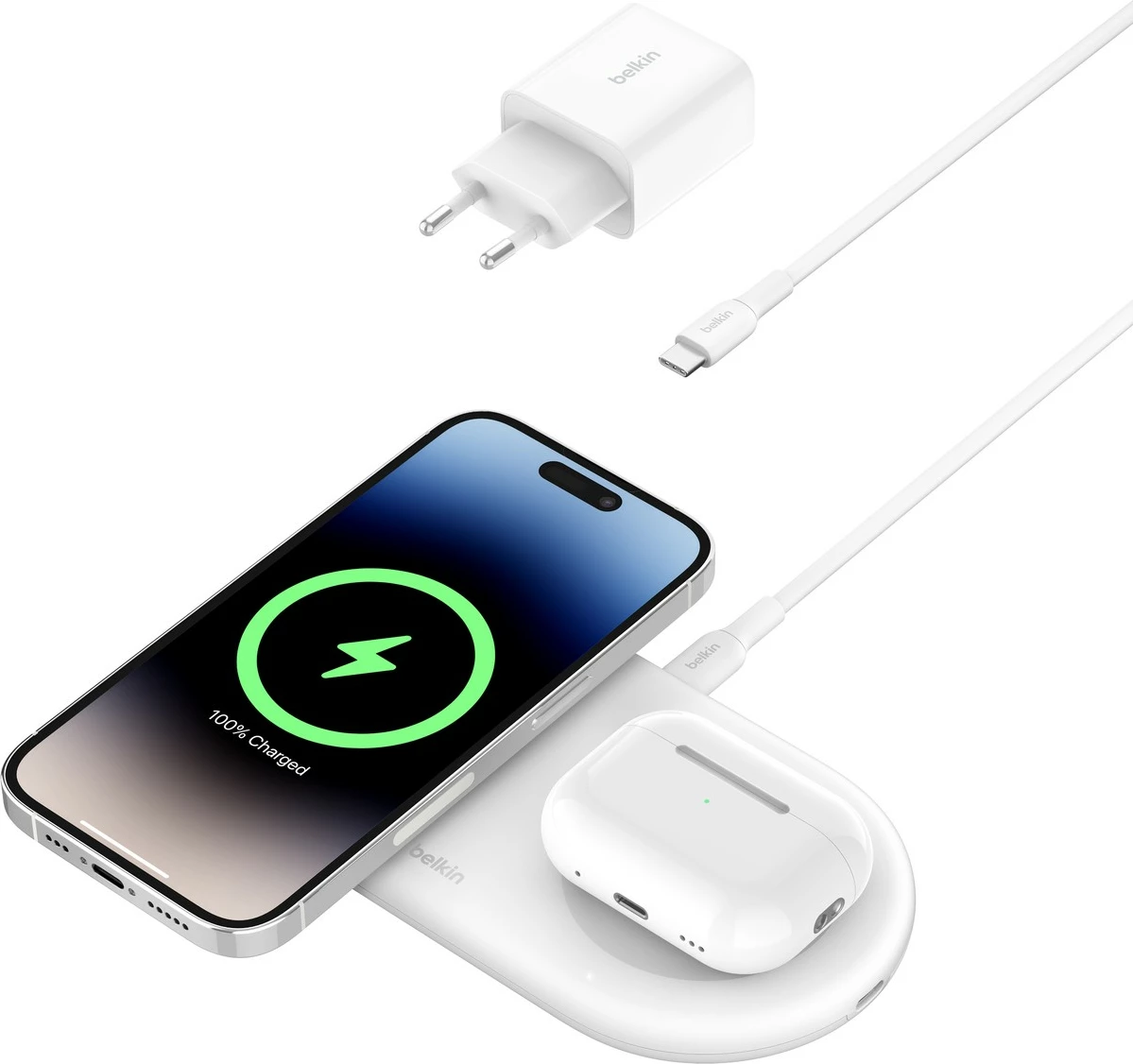 Karikues wireless Belkin WIZ021vfWH, 15W, 2 pajisje, USB Type-C, i bardhë